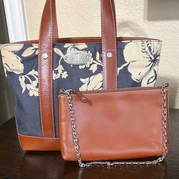 Celine Handbags - Celine Navy and Brown Floral Tote Bag with Pouch